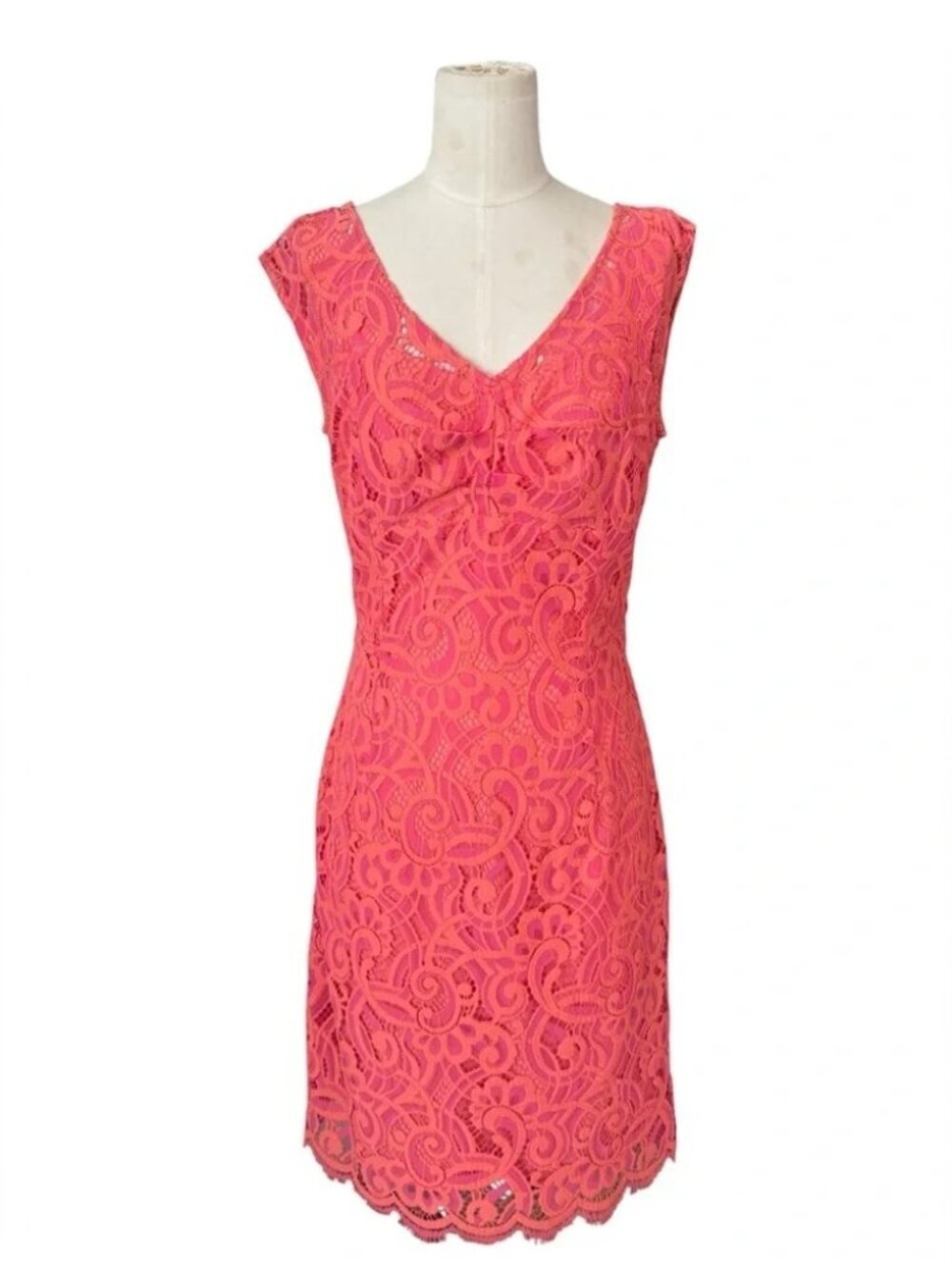 Lilly Pulitzer Rosaline Coral Pink Lace Sheath Dress Cap Sleeve Scalloped Hem - Picture 3 of 8